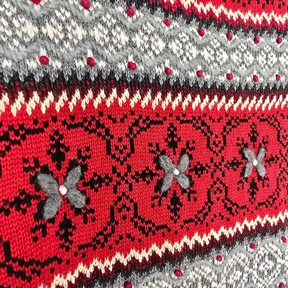 Vintage Talbots Red Gray Striped Fair Isle Embroidered Button Cardigan Sweater - Picture 4 of 6